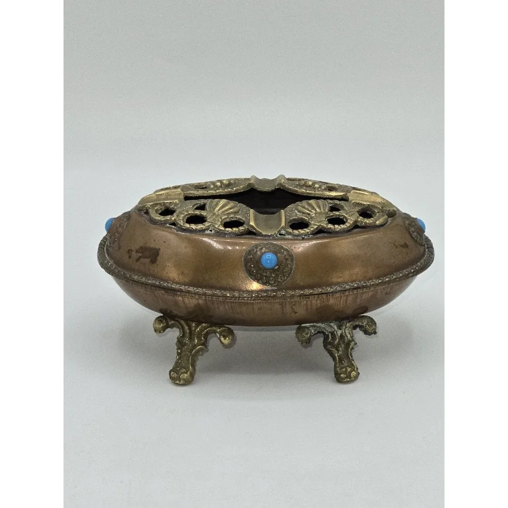 Hollywood Regency Copper Brass Ashtray Turquoise Cabochons Footed Tobacciana